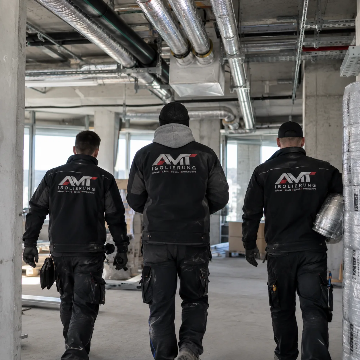 Drei Mitarbeiter von AMT Isolierung auf einer Baustelle